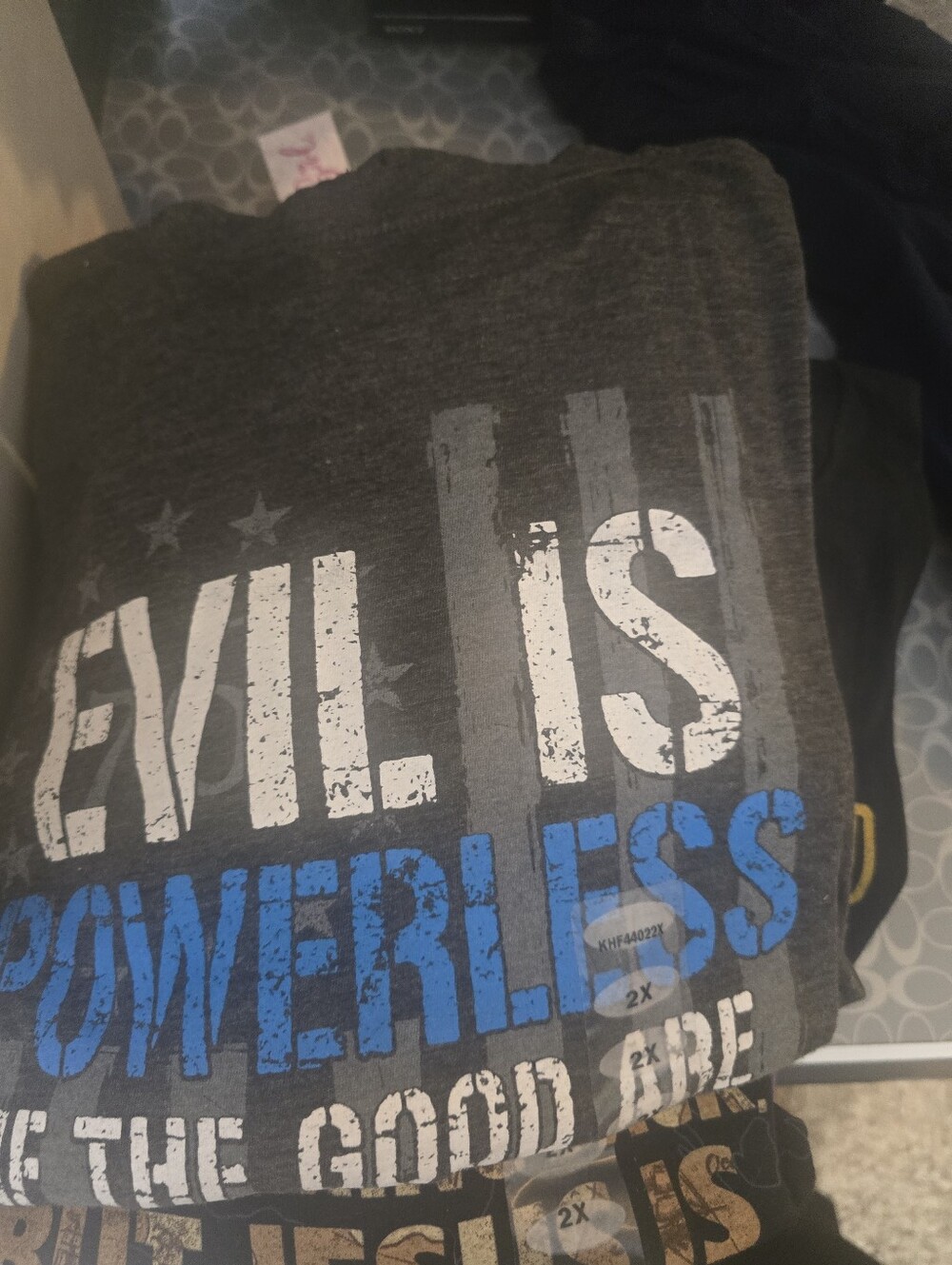 Graphic Tee 'Evil Is Powerless' in Charcoal Gray and Blue